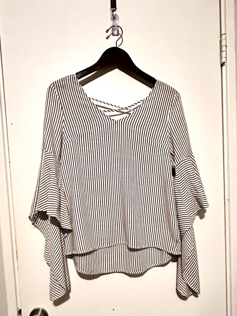 Striped Black & White Linen Bell-Sleeve Women's Top.